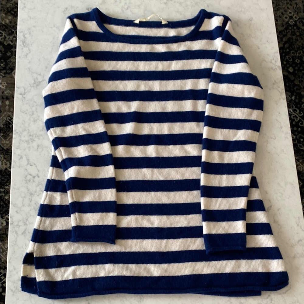 Athleta Blue and White Striped Crew Neck Sweater